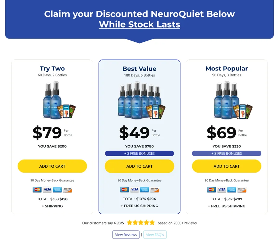 NeuroQuiet bundle prices on the official order page, October 13, 2026